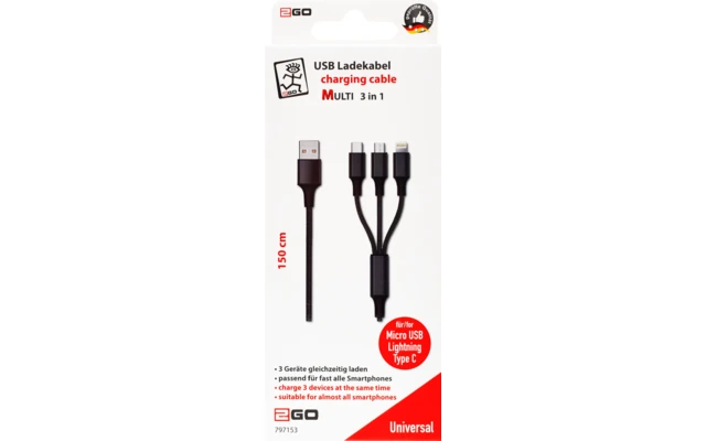 2GO USB 3 In 1 Ladekabel 150 Cm Schwarz 3 2GO USB 3 In 1 Ladekabel 150 Cm Schwarz
