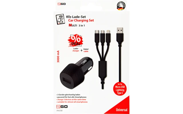 2GO KFZ Ladeset Mit 3 In 1 Ladekabel 12/24V 3 2GO KFZ Ladeset Mit 3 In 1 Ladekabel 12/24V